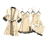 4-Teiliges Damen-Nachthemd V Ausschnitt Homewear Pyjama Mode Sexy Spitze Unterwäsche Verstellbarer Schultergurt Slim Fit Spaghetti Träger Nachtwäsche Geschenk für Damen