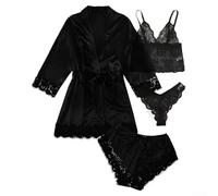 4-teiliges Damen Nachtwäsche Set Satin Spitze S-XXL(Black XXL)