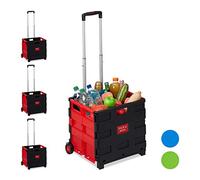 Relaxdays 4 x Einkaufstrolley klappbar im Set, Teleskop-Griff, 2 Gummi Rollen, bis 35 kg, Shopping Trolley, Aluminium, ABS, rot
