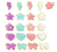40 Stück Chenille Patches Selbstklebend, Textilaufkleber für Kleidung | 20 Designs mit Herz, Stern, Blume, Blitz und Schleife, Stoffaufkleber ohne Bügeln für Rucksäcke, Jacken, Hüte und DIY