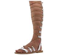 41 Silber Emmanuela Knieshohe Ledersandalen im antiken griechischen Stil, handgefertigte flache Gladiator sandalen mit offenen Zehen, hochwertige Sommerschuhe zum Binden für Frauen