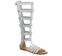 41 Weiß Emmanuela Altgriechische handgefertigte Gladiatoren Sandalen aus Leder, kniehohe Sandalen mit hinterem Reißverschluss am Schaft, flache Sommerschuhe mit Riemchen für Damen