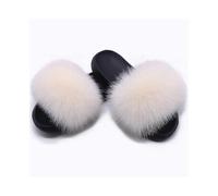 (42-43,White)Fox Fur Slides For Women - Comfort Open Toe Fur Slippers Indoor Outdoor Ojk