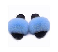 (44-45,Light blue)Fox Fur Slides For Women - Comfort Open Toe Fur Slippers Indoor Outdoor Ojk