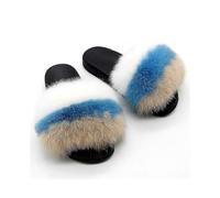 (44-45,White blue)Fox Fur Slides For Women - Comfort Open Toe Fur Slippers Indoor Outdoor Ojk