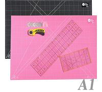 45 mm Rollschneider Set inkl. Schneideunterlage A1 90x60cm 5-Lagig + 5x Ersatzklingen + 2x Patchwork-Lineal Premium Stoffschneider selbstheilend Schneidematte im A1-Format Rosa/Schwarz Starter Set
