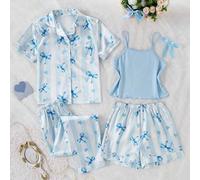 4er Mädchen Pyjama Set, Blau & Weiß gestreiftes Herz & Schleife Design, Stoff Kurzarm Oberteil, Lange Hose, Camisole, Shorts, Lässige Loungewear