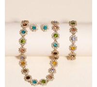 4er Set bestehend aus Ohrringe, Armband und Halskette, eleganter farbenfroher Schmuck mit Strass-Blumen-Verzierung, perfekt für glamouröse Abendpartie