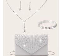 4er Set: Damen Abendtasche mit Strass, Clip-On Ohrringe mit Strass, Braut Hochzeit Halskette & Armband, glänzende Pailletten Quaste Clutch, Umschlag-S