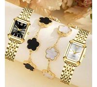 4er Set, Damen Uhr, modische luxuriöse minimalistische Damen Uhr, kombiniert mit schwarz-weißem Blumen Armband, Legierung Material, geeignet für den t