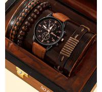 4er Set Herren Lässig Mode Echtleder Quarzuhr + minimalistisches Echtleder Armband, geeignet für täglichen Gebrauch und als Geschenk