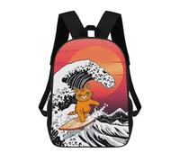 4Girls Orange Cat Surfing Giant Wave Rucksack, 3D-gedruckter Schulrucksack Für Jungen, Lässiger Tagesrucksack, Leichter Rucksack Für Schüler Der Mittelstufe 17inch