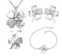 4PCS Vierblättrige Kleeblatt Schmuckset für Frauen Vierblättriges Kleeblatt Halskette Armband Ohrstecker Fibeln Set mit Kleeblatt Anhänger Geschenke für Mädchen Mama Damen WH