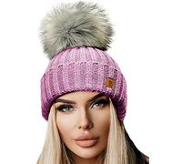 4sold Damen Winter Strickmütze - warme Beanie mit Kunstfell-Bommel - handgefertigt in Polen, italienisches Acryl, weich & atmungsaktiv, viele Farben, One Size