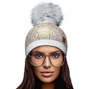 4sold Damen Wurm Winter Style Beanie Strickmütze Mütze mit Fellbommel Bommelmütze Hat Ski Snowboard Pelz Bommel Pompon Kleine Kristalle Sequins Crystals (Weiß)