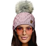 4sold Herren Damen Wurm Winter Style Beanie Handmade Strickmütze Mütze mit Fellbommel Bommelmütze Hat Gestrickte Pudelmütze Plain Ski Pom Wooly with Full Cosy Fleece-Futter (Debora Rouse PINK)