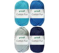 4x50 Gramm Gründl Cotton Fun Häkelgarn aus 100% Baumwolle inkl. Anleitung für Einkaufsnetz Bunt Mix Set (Set 6 (Blau Mix))