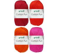 4x50 Gramm Gründl Cotton Fun Häkelgarn aus 100% Baumwolle inkl. Anleitung für Einkaufsnetz Bunt Mix Set (Set 3 (Rot Mix))