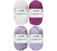 4x50 Gramm Gründl Cotton Fun Häkelgarn aus 100% Baumwolle inkl. Anleitung für Einkaufsnetz Bunt Mix Set (Set 9 (Lila Mix))