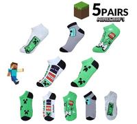 5/1 Paar Minecraft Herren Knöchelsocken - Socken für Teenager Jungen mit Sandbox-Elementen, mit Designs von Skelett, Dorfbewohner, TNT, Creeper und Sp