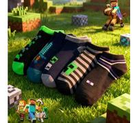 5/1 Paar Minecraft Herren Knöchelsocken - Socken für Teenager Jungs mit Sandbox-Elementen, mit Designs von Skelett, Dorfbewohner, TNT, Creeper und Spi