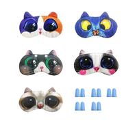 5 Katzenaugenmasken, 5 Paar Ohrstöpsel aus blauem Schwamm, Augenmaske, niedlich, Cartoon-Augenmaske, Unisex, lustig, mit verstellbaren Riemen