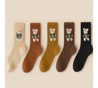 5 Paar Damen Kniestrümpfe mit 3D Teddybär Stickerei, süße Cartoon gerippte Strickstrümpfe, warme weiche Socken für Alltag/Streetwear/Party, bunte kusc