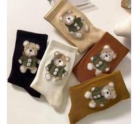 5 Paar Damen Retro Bär Stickerei Crew Socken - Akademischer Stil gerippte Strick süße Knöchelsocken Mehrfachpackung