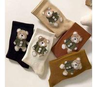 5 Paar Damen Retro Bär Stickerei Crew Socken - Akademischer Stil gerippte Strick süße Knöchelsocken Multipack, 10 Stück/2 Stück