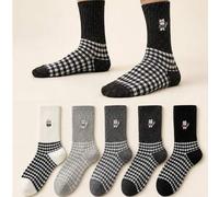 5 Paar niedliche Katzen-Stickerei Karo-Patchwork Mittelhoch Socken, Vintage Hahnentritt gerippte Strick Lange Socken, weiche atmungsaktive lässige All