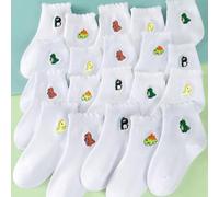 5 Paar süße gestickte Dinosaurier Socken, geeignet für alle Jahreszeiten, mit reinen weißen Rüschenrändern und gerippten Bündchen, geeignet für Jungen