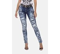 5-Pocket-Jeans CIPO & BAXX "Jeans", Damen, Gr. 27, Länge 32, blau, 92% Baumwolle;6% Polyester;2% Elasthan, unifarben, Basic, slim fit lang, Jeans 5-Pocket-Jeans, mit coolen Destroyed-Elementen, WD479 