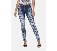 5-Pocket-Jeans CIPO & BAXX "Jeans", Damen, Gr. 27, Länge 34, blau, 92% Baumwolle;6% Polyester;2% Elasthan, unifarben, Basic, slim fit lang, Jeans 5-Pocket-Jeans, mit coolen Destroyed-Elementen, WD479 