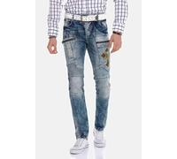 Cipo & Baxx Herren CD293 Slim-Fit Destroyed Jeans Hose mit Logo-Details Blau - CD293-BLUE-W42-L34