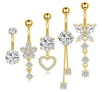 5 Stück Bauchnabelpiercing Chirurgenstahl Bauchnabelpiercing 10mm Stablänge Bauchnabelpiercing Gold mit Strass Bauchnabelpiercing Titan Clip Bauchnabelpiercing Herz Geschenk für Frauen Schmuck.