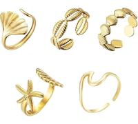 5 Stück Goldene Sommer Ringe Ocean, Seestern Muschel Ring Welle Gold Wasserfest, Muschel Ringe Gestapelt, Ginkgo Blatt Ring Edelstahl, Halb Offener ringen Sommer Schmuck Gold für Frauen und Mädchen