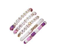 5-teiliges Armreif-Set mit Perlenarmbändern mit Buchstaben-Zahlen-Charm, bunt, weicher Ton, Töpferei, bunt, weicher Ton, Modeschmuck, beliebtes Accessoire, handgefertigtes Armband, elastische Perlen