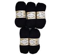 5 x 100 g Alize Glitzerwolle SAL zum Stricken und Häkeln, 500 Gramm Metallic - Wolle (schwarz 60)