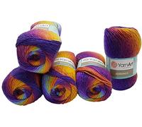 5 x 100 g YarnArt Ambiance Strickwolle mehrfarbig mit Farbverlauf, 500 Gramm Strickgarn mit 20% Wolle-Anteil (lila terrakotta türkis kiwi 160)