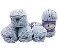 5 x 100 Gramm Alize Velluto Strickwolle, Babywolle, 500 Gramm Wolle Super soft Bulky (blau grau 416)