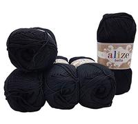 5 x 100 Gramm Baumwolle Bella einfarbig, 500 Gramm Wolle aus 100% Baumwolle, Strickwolle uni (schwarz 60)