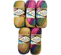 5 x 100 Gramm Ilkadim Export Burcum Batik Wolle mehrfarbig mit Farbverlauf, 500 Gramm Acryl Strickwolle bunt (lila flieder grün beige 4341)