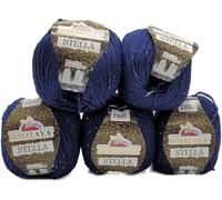 5 x 100 Gramm Ilkadim Export Stella Viskose Strickgarn mit Glitzer, Glitter Strickwolle einfarbig, 500g Viskosegarn (dunkelblau 46017)