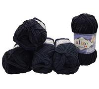 5 x 100 Gramm Ilkadim Export Velluto Strickwolle, Babywolle, 500 Gramm Strickgarn Super soft Bulky (schwarz 60)