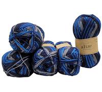 5 x 100 Gramm Sockenwolle Alize Wooltime mehrfarbig, 75% Superwash Wolle, 500 Gramm Strickwolle für Stricksocken und Strümpfe (schwarz blau grau 11011)