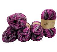 5 x 100 Gramm Sockenwolle Alize Wooltime mehrfarbig, 75% Superwash Wolle, 500 Gramm Strickwolle für Stricksocken und Strümpfe (schwarz violett grau 11018)