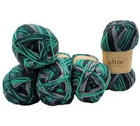 5 x 100 Gramm Sockenwolle Alize Wooltime mehrfarbig, 75% Superwash Wolle, 500 Gramm Strickwolle für Stricksocken und Strümpfe (schwarz grün grau 11012)
