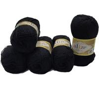 5 x 100 Gramm Strickgarn Ilkadim Export Diva einfarbig, 500 Gramm merzerisierte Strickwolle microfiber-Acryl (schwarz 60)