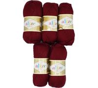 5 x 100 Gramm Strickgarn Ilkadim Export Diva einfarbig, 500 Gramm merzerisierte Strickwolle microfiber-Acryl (bordeaux 57)