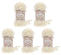 5 x 100 Gramm Strickwolle Alize Puffy, 500 Gramm Fingerstrick - Wolle super bulky, Schlaufenwolle, Stricken ohne Nadel (creme 62)